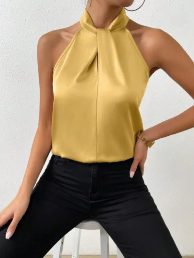 Women Fashion Sexy Solid Color Satin Halter Neck Tank Top