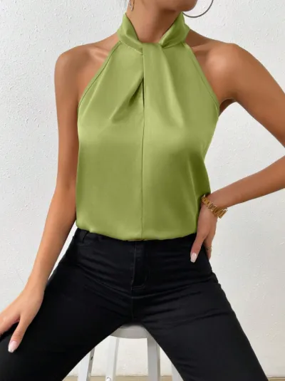 Women Fashion Sexy Solid Color Satin Halter Neck Tank Top