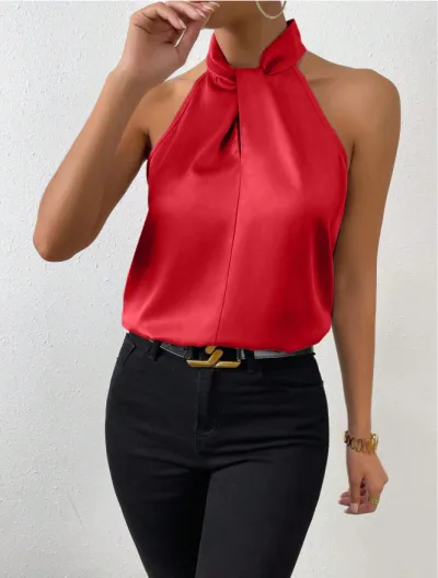 Women Fashion Sexy Solid Color Satin Halter Neck Tank Top