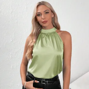 Women Casual Satin Halter-Neck Tank Top Solid Color