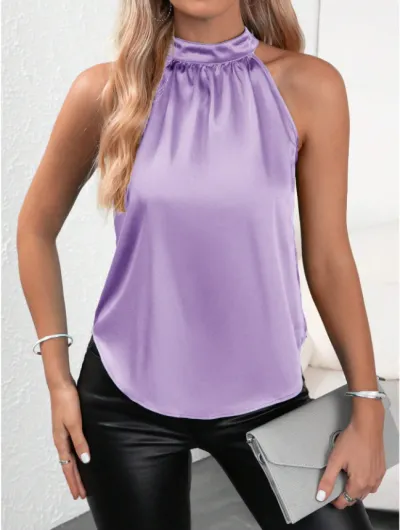 Women Casual Satin Halter-Neck Tank Top Solid Color