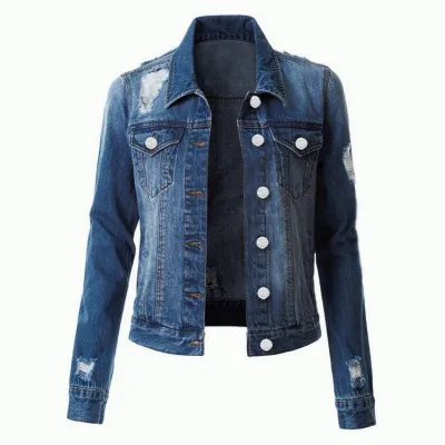 Women's Casual Ripped Denim Jacket - Urban Style Long Sleeve Cardigan