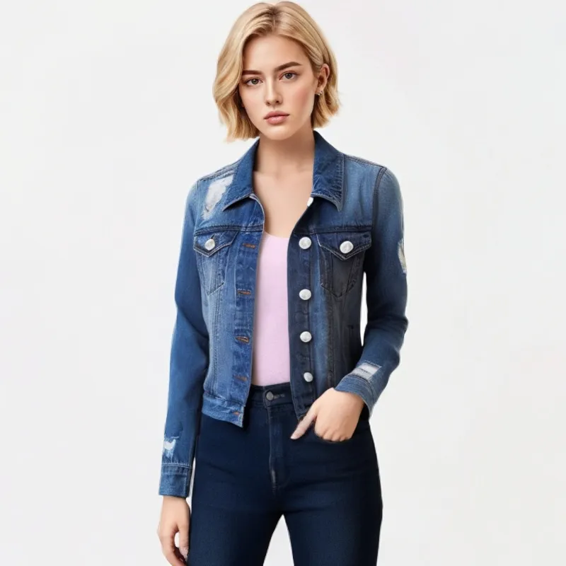 Women's Casual Ripped Denim Jacket - Urban Style Long Sleeve Cardigan