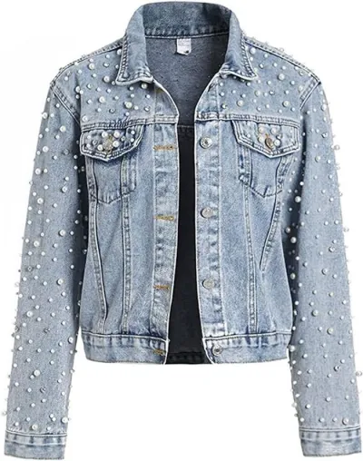 Women Casual Pearl Rhinestone Lapel Long-Sleeve Denim Jacket