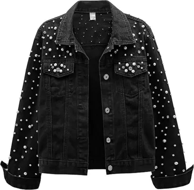 Women Casual Pearl Rhinestone Lapel Long-Sleeve Denim Jacket