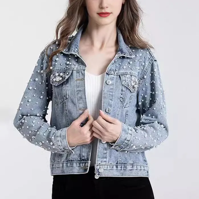 Women Casual Pearl Rhinestone Lapel Long-Sleeve Denim Jacket