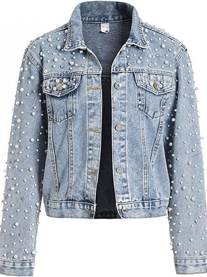 Wholesale Women Fashion Casual Pearl Rhinestone Lapel Long