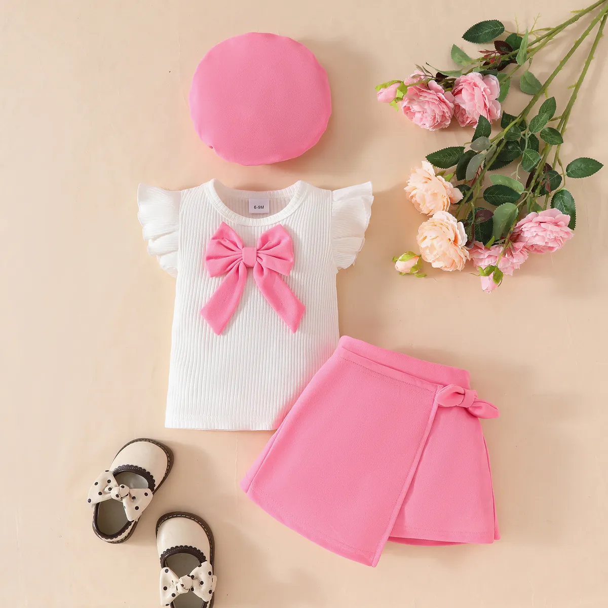 Girl'S Fashion Bow Ruffled Top And Skirt Hat Three-Piece Set