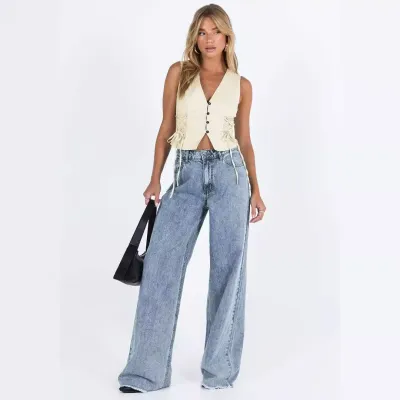 Women Fashion Casual Solid Color Loose Jeans