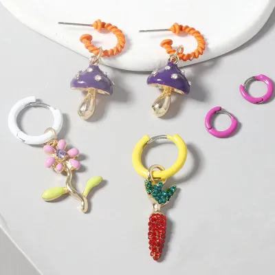 Women Fashion Personality Circles Flowers Mushrooms Earrings Six-Piece Set