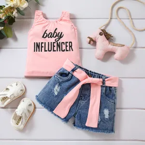Girls Fashion Sweet Cotton Top And Denim Shorts Two-Piece Set Short Sleeve Solid Color Letter Print Casual Outfit