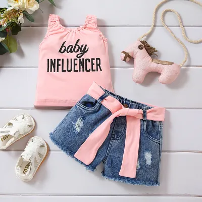 Girls Fashion Sweet Cotton Top And Denim Shorts Two-Piece Set Short Sleeve Solid Color Letter Print Casual Outfit