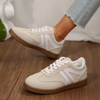 Women Retro Casual Color Block Round Toe Lace-Up Flat German Trainers Sneakers Plus Size