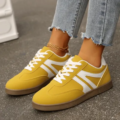 Women Retro Casual Color Block Round Toe Lace-Up Flat German Trainers Sneakers Plus Size