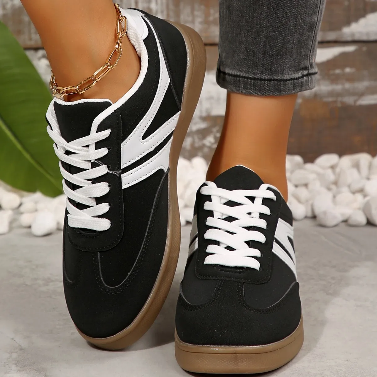 Women Retro Casual Color Block Round Toe Lace-Up Flat German Trainers Sneakers Plus Size