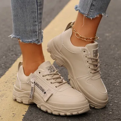 Women Fashion Casual Leather Round Toe Thick Soled Lace Up High Top Sneakers