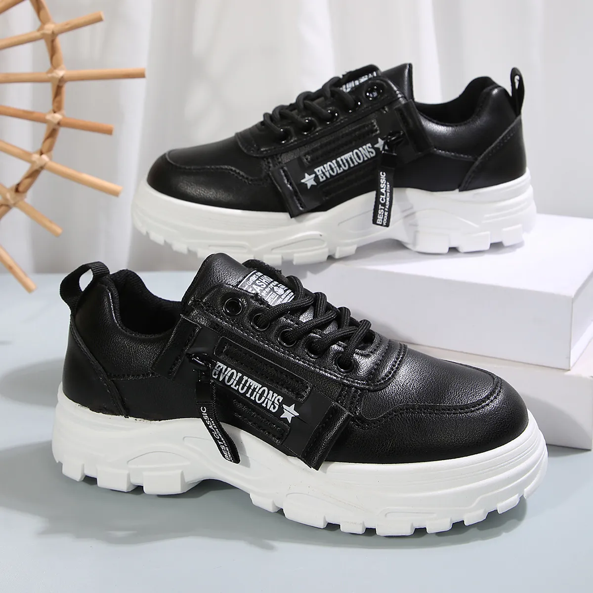 Women Fashion Casual Leather Round Toe Thick Soled Lace Up High Top Sneakers