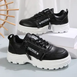 Women Fashion Casual Leather Round Toe Thick Soled Lace Up High Top Sneakers