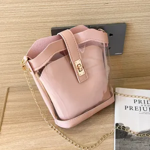 Women Fashion Casual Transparent PVC Bucket Crossbody Bag with Latch Closure