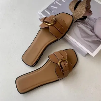 Women Fashion Casual Metal Belt Buckle Square Toe Flat Slippers