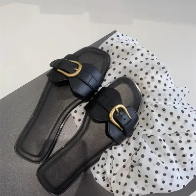 Women Fashion Casual Metal Belt Buckle Square Toe Flat Slippers