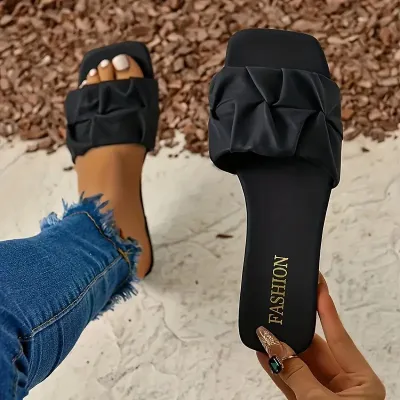 Women's Fashion Solid Color Pleated Square Toe Flat Slippers Plus Size