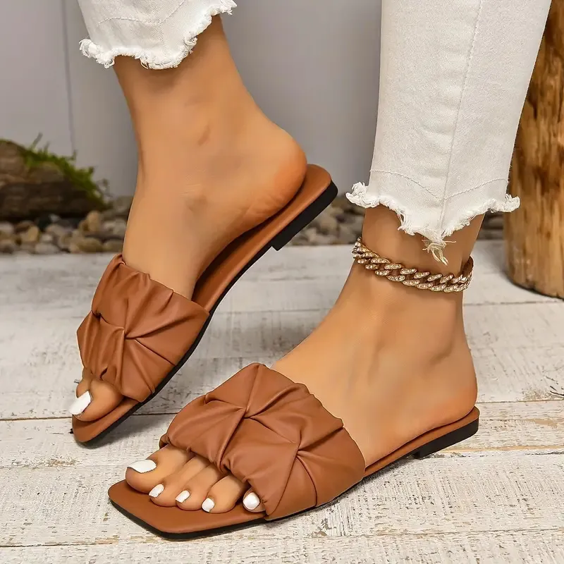 Women's Fashion Solid Color Pleated Square Toe Flat Slippers Plus Size