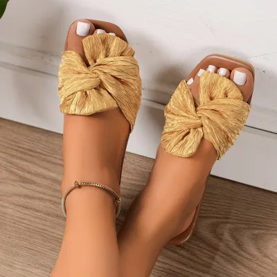 Women Fashion Casual Solid Color Bowknot Square Toe Flat Slippers Plus Size