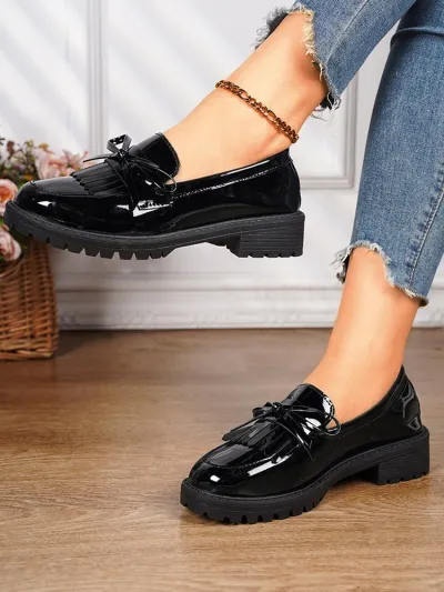 Women Fashion Patent Leather Bowknot Round Toe Plus Size Loafers