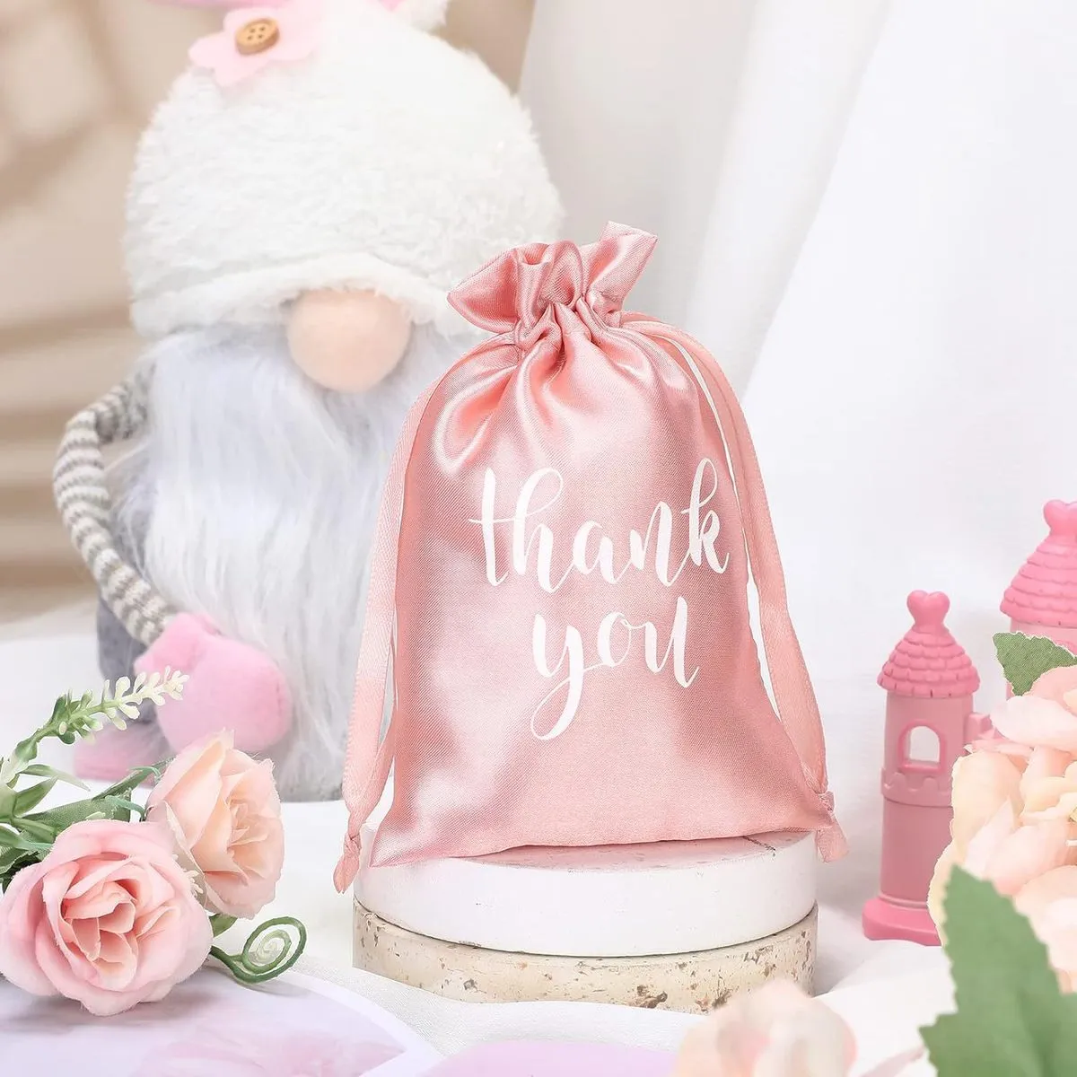 Satin Solid Color Letter Print Drawstring Wedding Gift Candy Bundle Pocket Bag