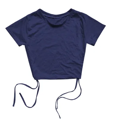 Women Fashion Sexy Solid Color Short-Sleeve Drawstring Tight Crop Top