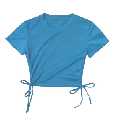 Women Fashion Sexy Solid Color Short-Sleeve Drawstring Tight Crop Top