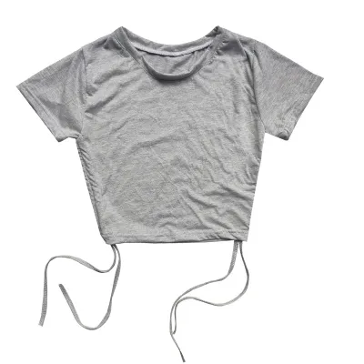 Women Fashion Sexy Solid Color Short-Sleeve Drawstring Tight Crop Top
