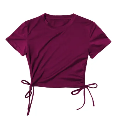 Women Fashion Sexy Solid Color Short-Sleeve Drawstring Tight Crop Top