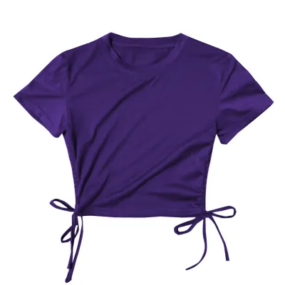 Women Fashion Sexy Solid Color Short-Sleeve Drawstring Tight Crop Top