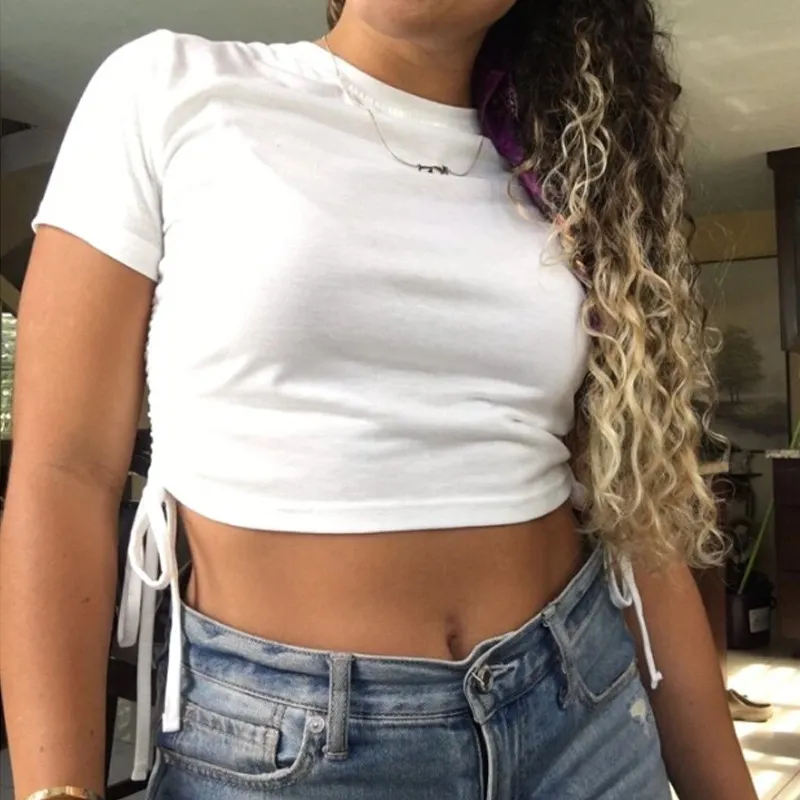Women Fashion Sexy Solid Color Short-Sleeve Drawstring Tight Crop Top