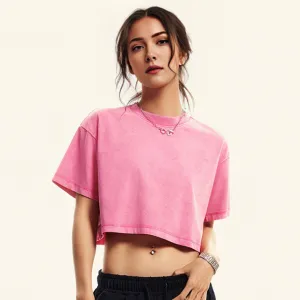 Women Casual Loose Fit Cotton Short-Sleeve Crop Top Solid Color
