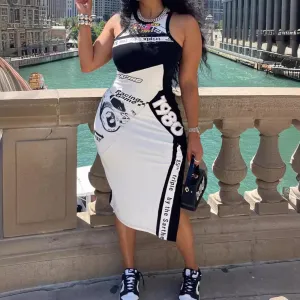 Women Sexy Digital Printed Sleeveless Side Split Tight Midi Dress