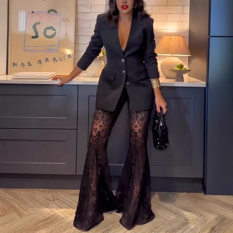 Women Casual Lace Blazer Top with Loose Pants Set
