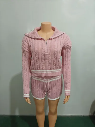 Women Fashion Casual High Elastic Knitted Lapel Long-Sleeve Sweater Slim Fit Shorts 2-Piece Set