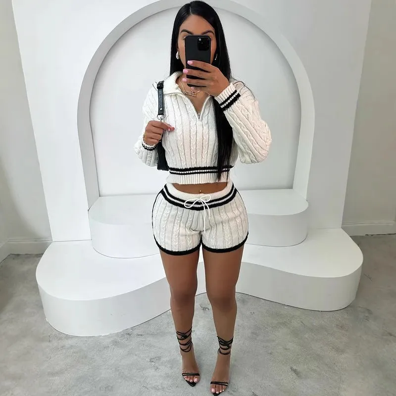 Women Fashion Casual High Elastic Knitted Lapel Long-Sleeve Sweater Slim Fit Shorts 2-Piece Set