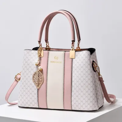 Women Fashion Casual Color Block Large Capacity Pendant Handbag PU Urban Simplicity Zip Small Round