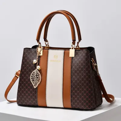 Women Fashion Casual Color Block Large Capacity Pendant Handbag PU Urban Simplicity Zip Small Round