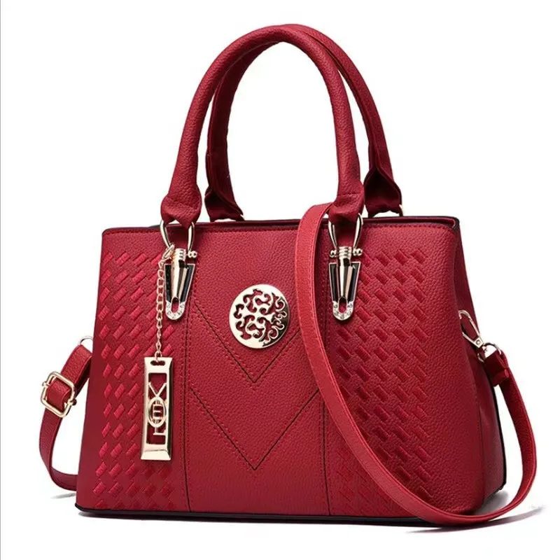 Women Fashion Casual Solid Color Embroidered Large Capacity PU Handbag