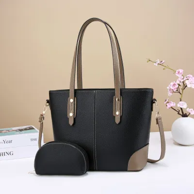 Women Fashion Contrast Color Large Capacity Tote Handbag Set