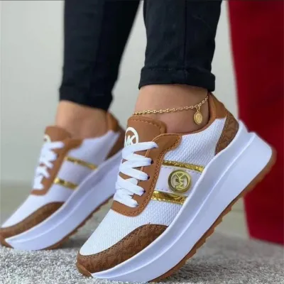 Women Fashion Casual Color-Matching Round-Toe Lace-Up Thick-Soled Sneakers