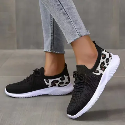 Women Fashion Casual Mesh Leopard Round-Toe Lace-Up Flat Sneakers