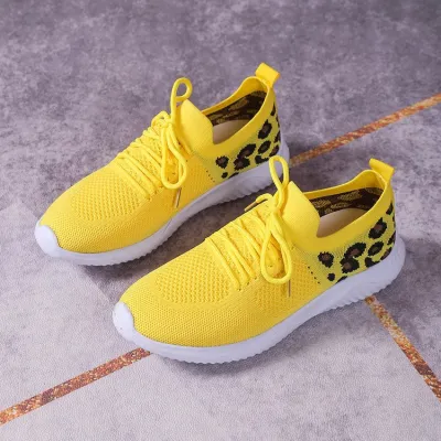 Women Fashion Casual Mesh Leopard Round-Toe Lace-Up Flat Sneakers