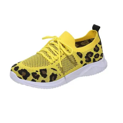 Women Fashion Casual Mesh Leopard Round-Toe Lace-Up Flat Sneakers