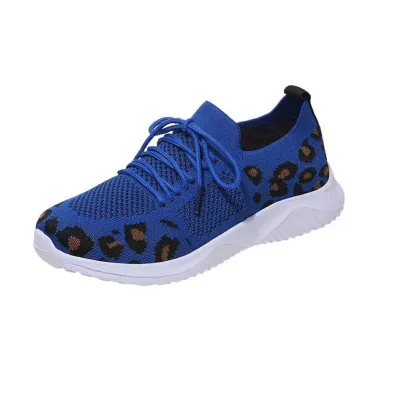 Women Fashion Casual Mesh Leopard Round-Toe Lace-Up Flat Sneakers